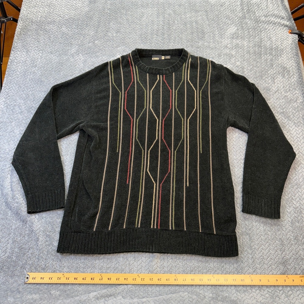 Maxini Chenille‎ Sweater XL Black Abstract Vertical Stripe Crewneck Pullover VTG